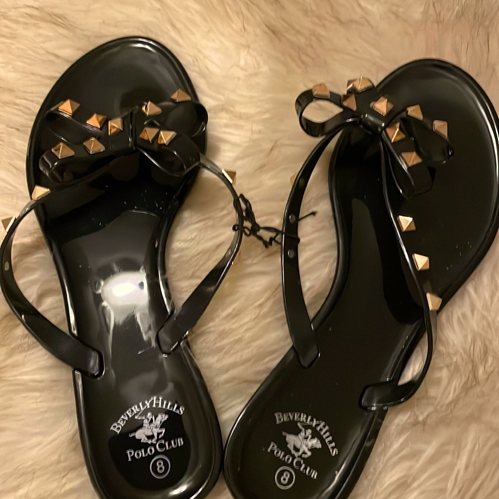 SOLD OTHER SITE Jelly  Sandals with Bow & Gold Rockstuds Color:Black & Gold SZ:8